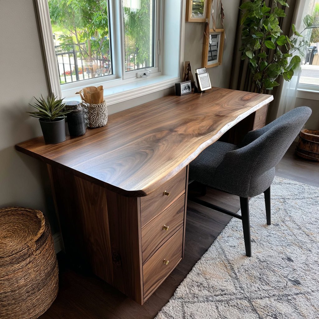 A handcrafted live-edge walnut desk by Brick Mill Furniture, showing a natural slab top and solid wood construction, set in a softly lit home office-1