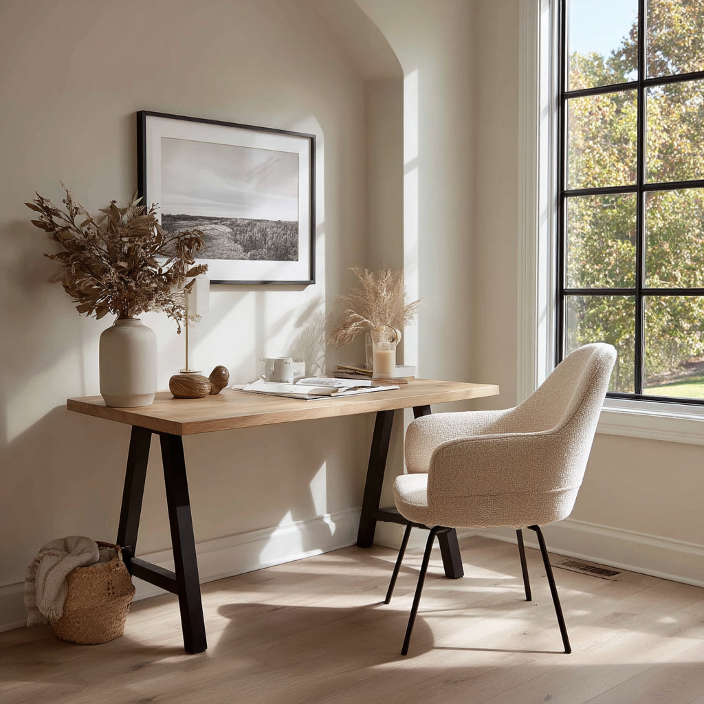Sleek solid wood desk with two storage drawers and a pull-out keyboard tray, showcasing a dark cherry and black finish in a modern office setup-1