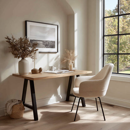 Sleek solid wood desk with two storage drawers and a pull-out keyboard tray, showcasing a dark cherry and black finish in a modern office setup-1