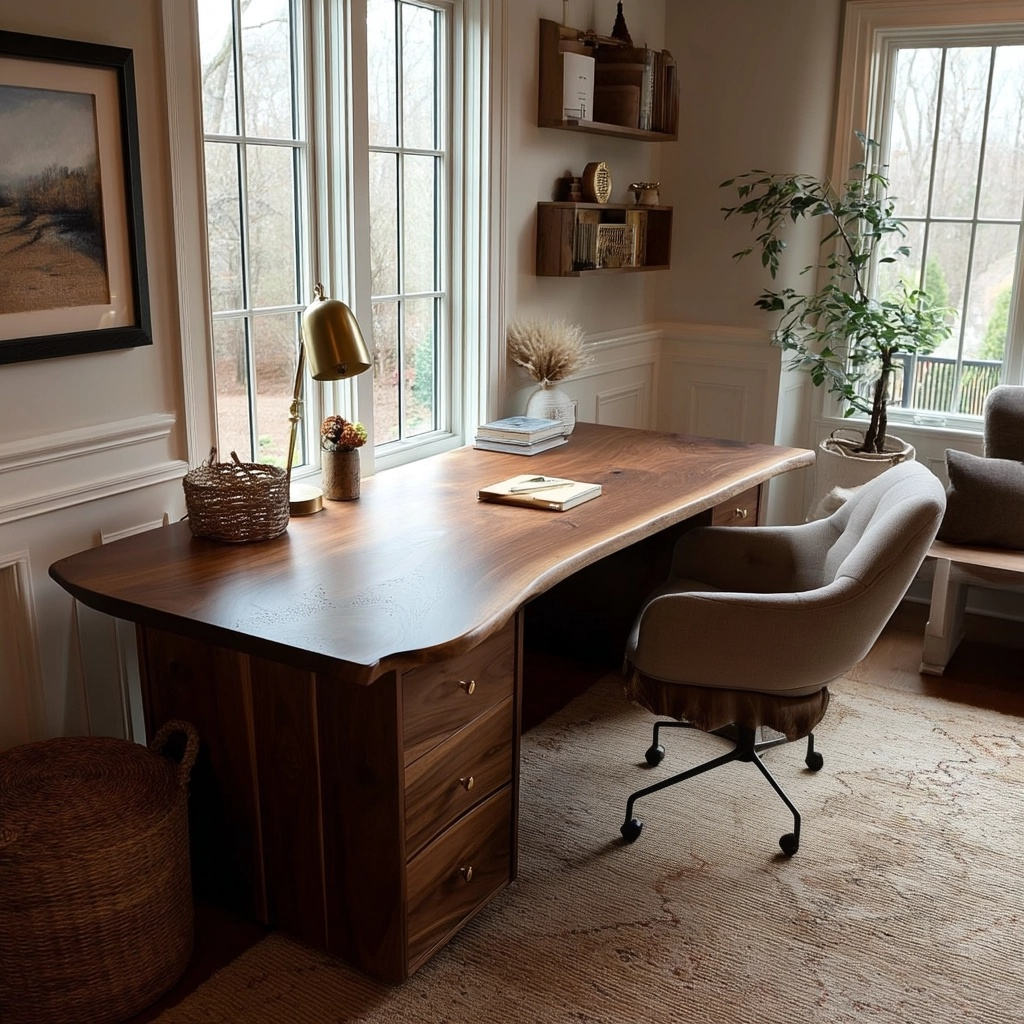 A handcrafted live-edge walnut desk by Brick Mill Furniture, showing a natural slab top and solid wood construction, set in a softly lit home office-2