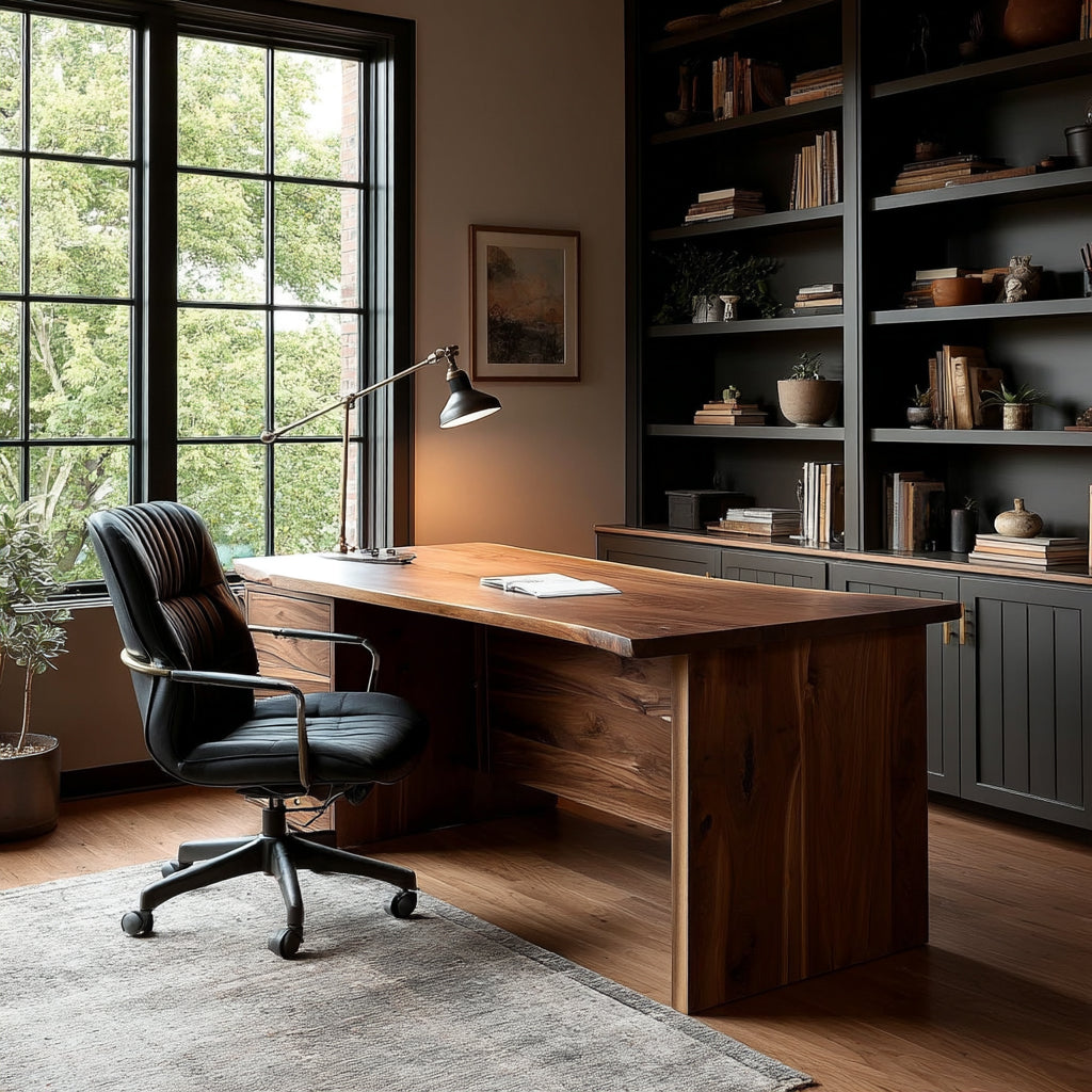 A handcrafted live-edge walnut desk by Brick Mill Furniture, showing a natural slab top and solid wood construction, set in a softly lit home office