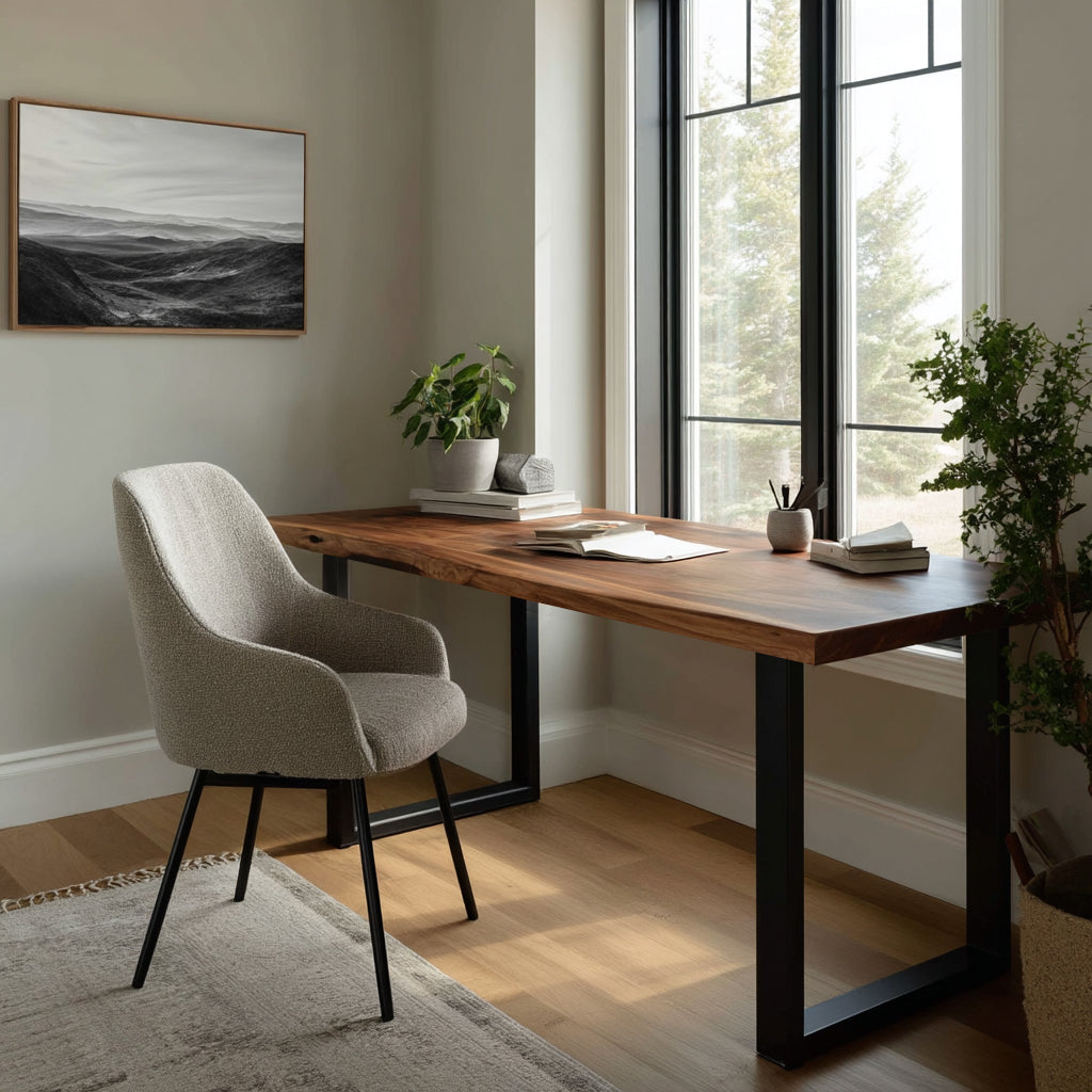 The Underhill Handcrafted Work Desk a clean, solid hardwood to psupported by sleek metal legs, styled in a modern, light-filled workspace-1