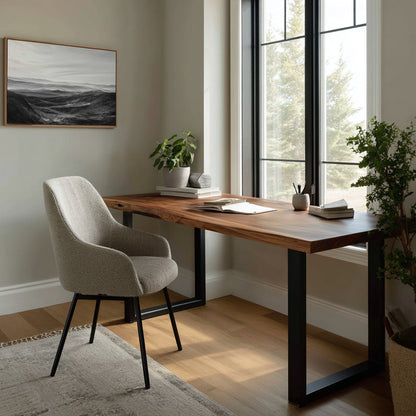 The Underhill Handcrafted Work Desk a clean, solid hardwood to psupported by sleek metal legs, styled in a modern, light-filled workspace-1