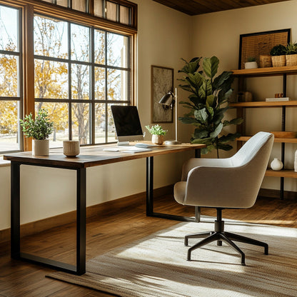 The Underhill Handcrafted Work Desk a clean, solid hardwood to psupported by sleek metal legs, styled in a modern, light-filled workspace